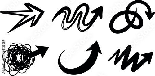 Abstract black arrow icons in various dynamic curved and zigzag styles vector illustration 