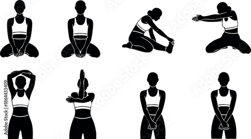 Yoga poses sequence exercise stretching silhouette vector illustration for fitness practice 