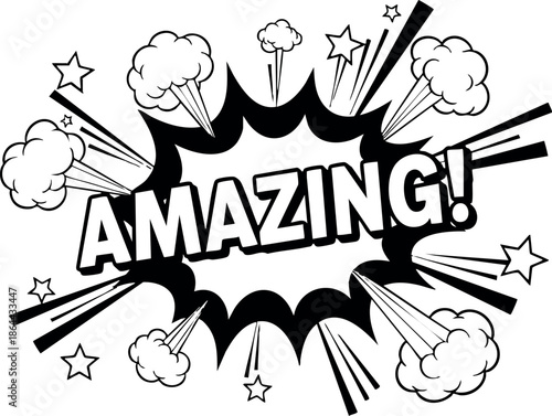 Comic style explosion with amazing text in black and white vector illustration 