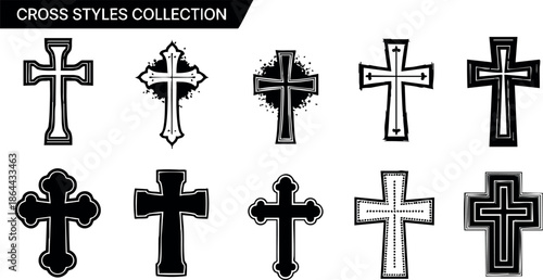 Cross symbols collection various styles religious vector illustration black and white design elements 