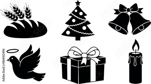 Christmas holiday black silhouette icons with tree, candle, gift, dove, bread, and bells vector illustration 