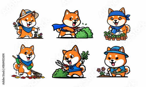 Cartoon Shiba Inu Dog Gardening Activities.