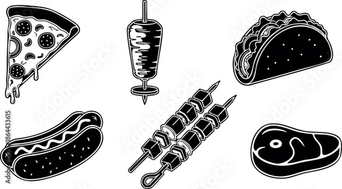 Various fast food items vector with pizza, taco, hot dog, kebab, and steak illustration 