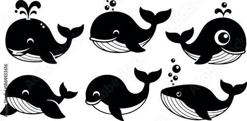 Cute cartoon whales collection in black and white vector illustration set 