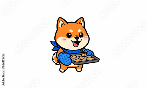 Illustration of a cheerful Shiba Inu dog carrying cookies