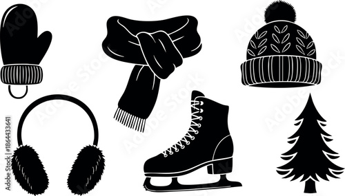 Winter clothing accessories vector including mitten scarf hat earmuffs ice skate and pine tree silhouette 