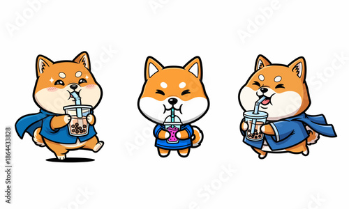 Three cartoon Shiba Inu dogs wearing capes and drinking boba from cups