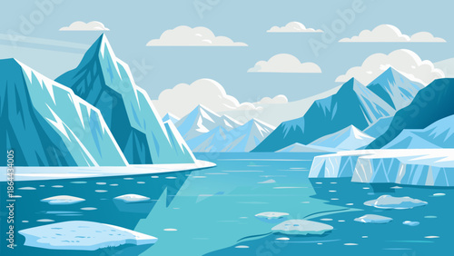 A serene boat floats across the blue water of a glacier bay, capturing a panoramic landscape of snow-capped mountains and icebergs under a summer sky in an Alaskan park