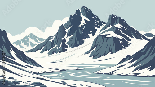 Panoramic winter mountain landscape featuring snowy alpine peaks and a blue sky over the cold Switzerland forest glacier