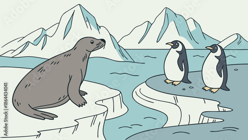 A cute cartoon illustration of wild penguins on an Antarctic iceberg surrounded by snow and cold ocean water in a winter nature vector