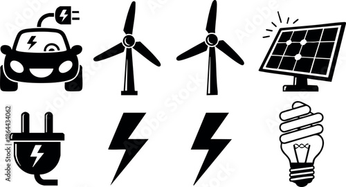 Electric car wind turbines solar panel energy icons vector illustration 
