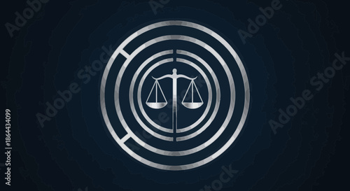Abstract Scales Of Justice Graphic Design In Circular Frame With Dark Blue Background