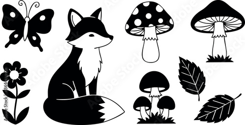 Fox butterfly flower mushroom leaves black silhouette vector illustration design 