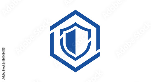 Abstract Shield Icon in a Geometric Hexagon Design, Blue on a White Background