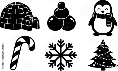 Winter icons igloo snowman penguin candy cane snowflake and christmas tree vector set 