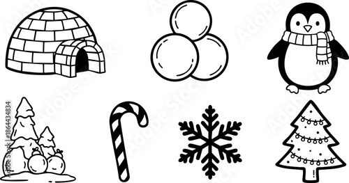 Winter themed black and white vector icons including igloo snowballs penguin candy cane and Christmas tree 