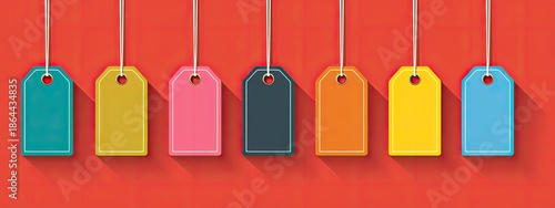 an array of colorful tags hanging on a line