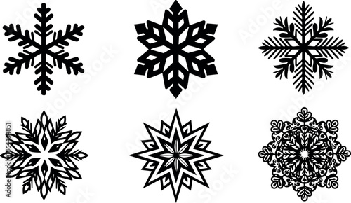 Six unique black snowflake vector icons winter season decoration design 