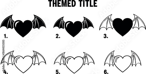 Heart shapes with bat wings in various styles vector illustration for gothic themes 