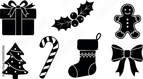 Christmas holiday icons gift box holly gingerbread tree candy cane stocking bow vector illustration 