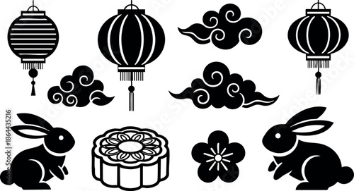 Chinese lanterns rabbits mooncake flower traditional festive vector illustration 