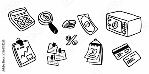 ​Hand-drawn line art illustration of business and financial elements, featuring a safe vault, credit cards, calendar, and investment growth chart in a clean doodle style