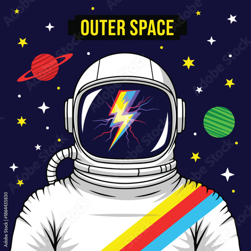 Astronaut contemplating a psychedelic lightning bolt in a starry outer space exploration.