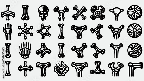Abstract Bone Anatomy Icon Set – Black & White Skeletal Symbols Illustration