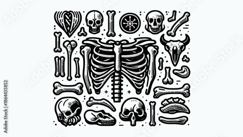 Vintage Skeleton Anatomy Illustration Set – Skulls, Bones, Rib Cage Black Ink Style