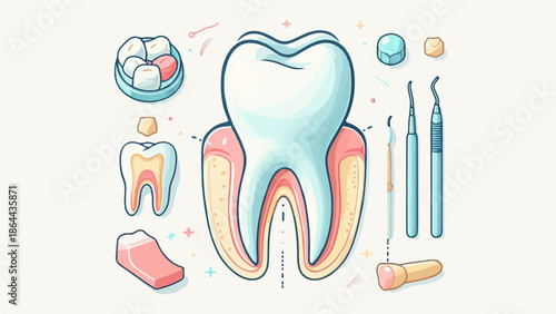Dental Anatomy & Tooth Care Illustration – Tooth Structure, Root Canal, Dentistry Tools