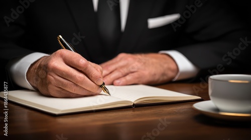 Businessman Writing in Notebook in Dark Office Setting
