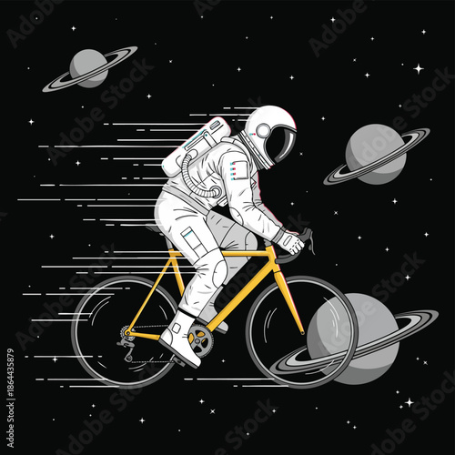 Astronaut cycling through space with planets and stars, cool graphic for science and adventure.