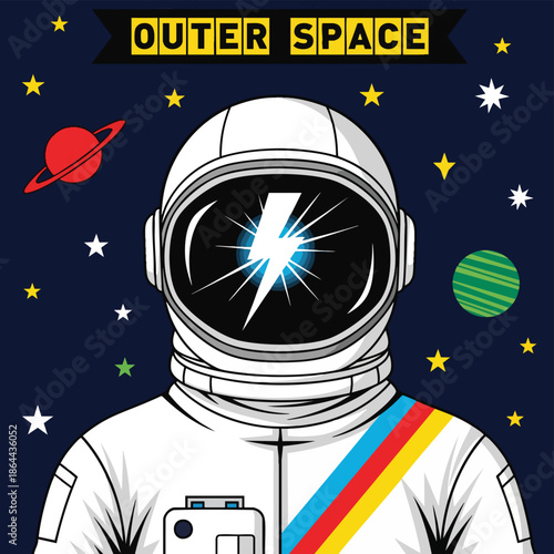 Astronaut in Outer Space with Lightning Bolt on Visor, Planets, and Stars.