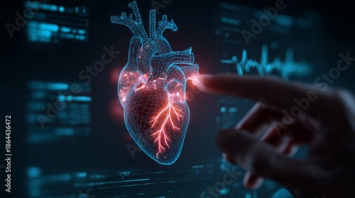 Wireframe 3D human heart model glowing red on a dark digital interface, being analyzed by a medical professional's hand, concept for cardiovascular research, surgical planning and medical diagnostics
