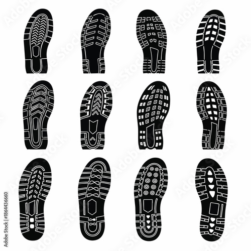 Collection of Diverse Boot Soles and Shoe Treads Vector Icons.