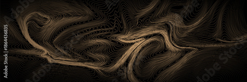 Gold Wood Line Pattern. Abstract Luxury Golden Tree Texture. Vector Black Background with Wave Wooden Abstract Pattern.
