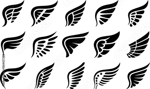 Black wing icon pattern set with feathers, minimalist flying symbol collection in vector style.