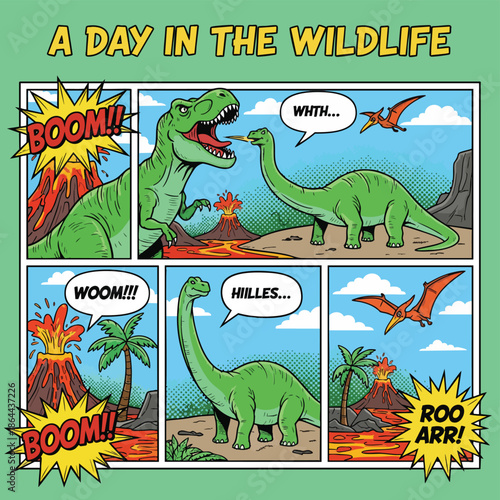 Cute Cartoon Dinosaur Comic Strip Illustration - A Day in the Wildlife.