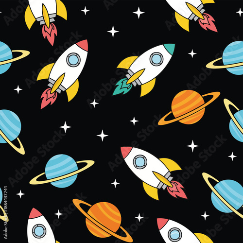 Cute Cartoon Rocket Ships and Planets Seamless Pattern for Kids.