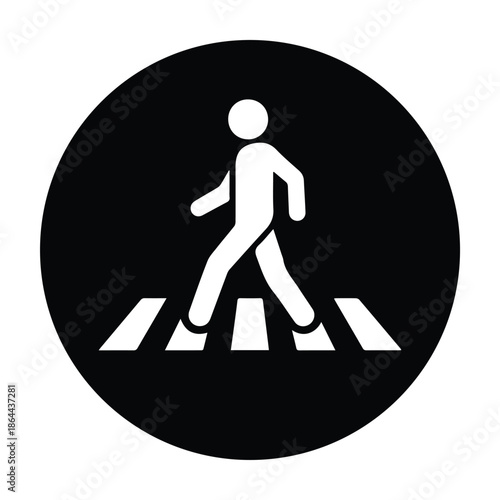 Professional Black Circular Pedestrian Crossing Sign with Person Walking Icon - High Contrast Round Traffic Safety and Road Mandate Graphic