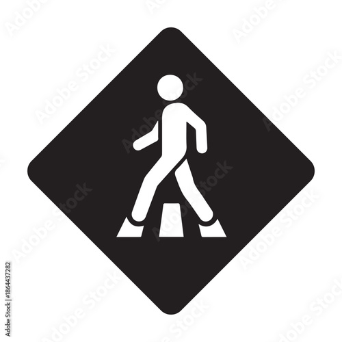 Professional Black Diamond Pedestrian Crossing Sign with Person Walking Icon - High Contrast Safety Warning and Road Traffic Graphic