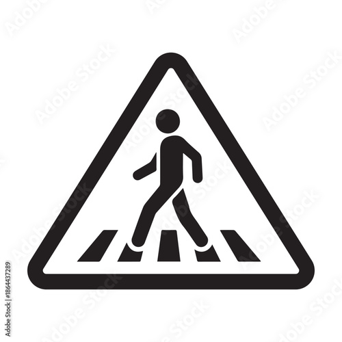 Professional Black Triangular Pedestrian Crossing Sign with Person Walking Icon - High Contrast Road Safety and Traffic Warning Graphic