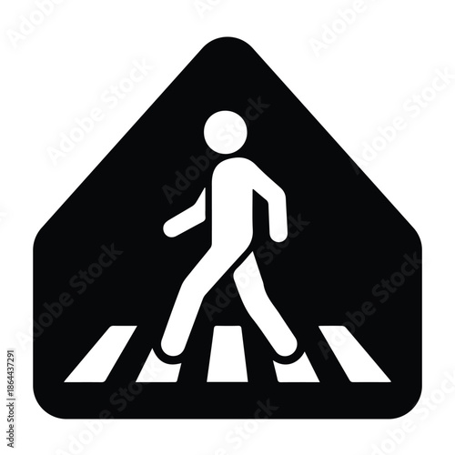 Professional Black Pentagonal Pedestrian Crossing Sign with Person Walking Icon - High Contrast Road Safety and Traffic Warning Graphic