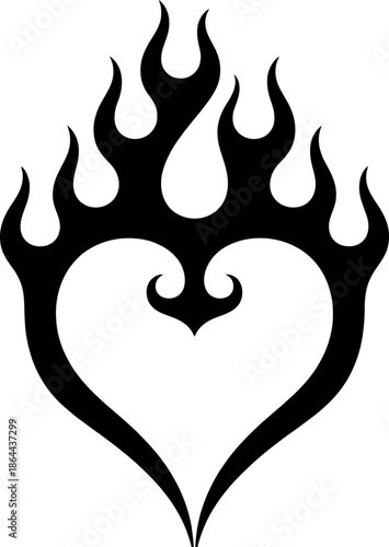 Black flaming heart tribal tattoo design, bold fire shaped love symbol in modern vector style.