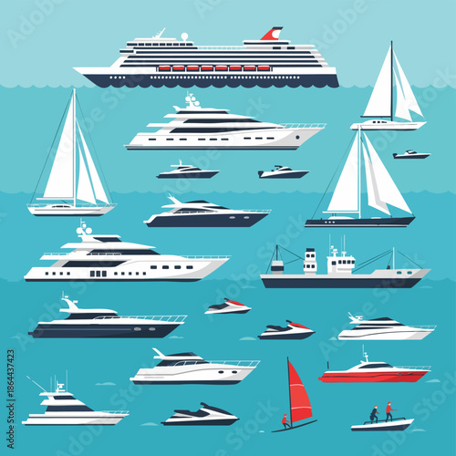 Diverse Fleet of Luxury Yachts, Sailboats, and Watercraft on Ocean.