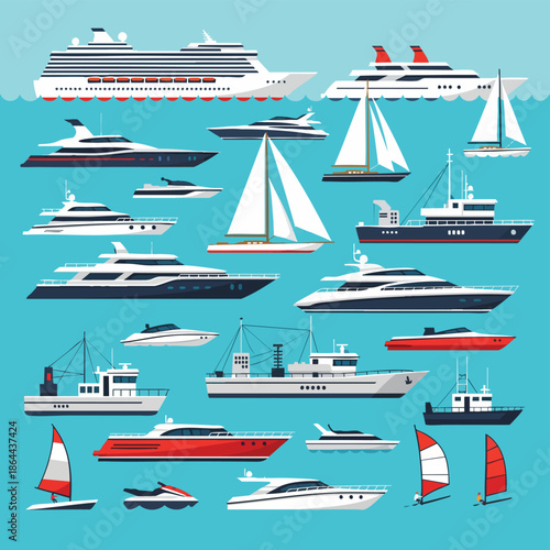 Diverse Fleet of Luxury Yachts, Cruise Ship, Sailboats, Speedboats, and Fishing Vessels on Teal Background.