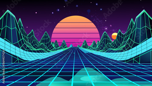 A blue digital network background featuring a night bridge over the river with light patterns and vector lines representing a modern technology communication concept