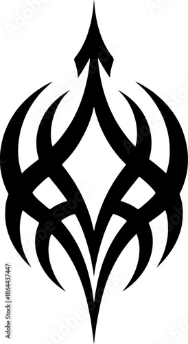 Abstract black tribal spear flame symbol, sharp symmetrical tattoo design in minimalist vector form.