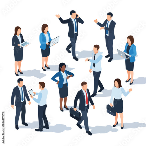 Diverse group of professionals in business attire actively engaged in various work-related activities, symbolizing collaboration and corporate success.