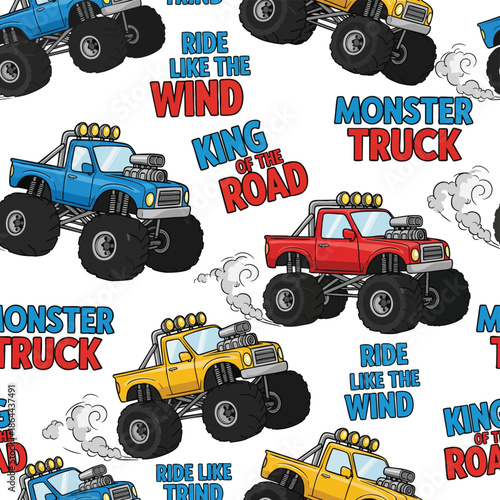 Dynamic Monster Truck Pattern Seamless Design for Kids and Automotive Enthusiasts.